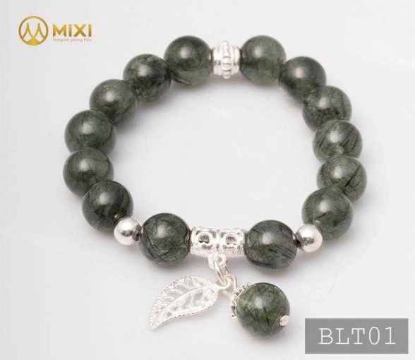 vòng tay thạch anh tóc xanh charm lá treo bạc
