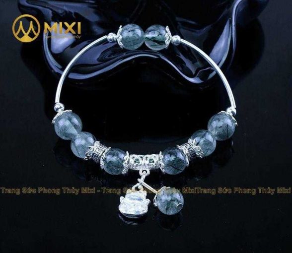 Vòng tay thạch anh tóc xanh charm mèo thần tài